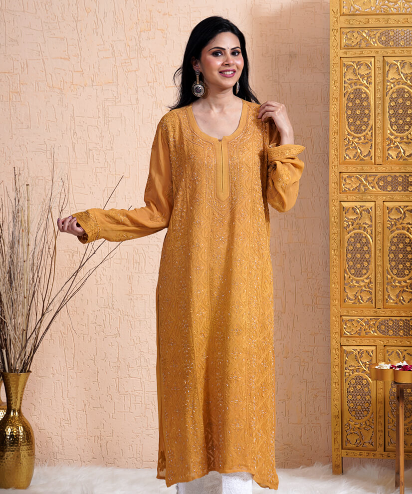 Amber Gold Georgette Chikankari Kurti – Radiant & Regal