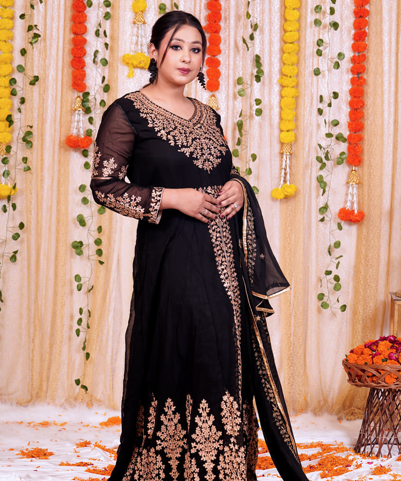 Black Georgette Anarkali Gown with Intricate Golden Embroidery