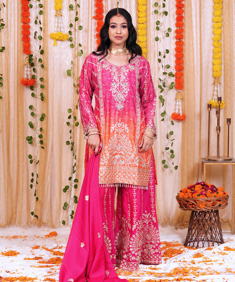 Hot Pink & Sunset Orange Chinon Sharara Set with Embroidery