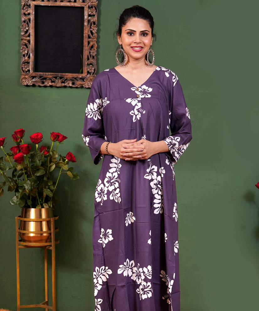 Plum Purple Floral Printed Co-ord Set in Rayon