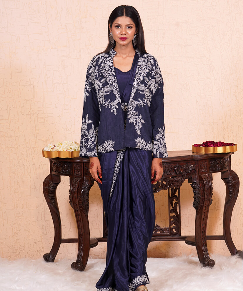 Midnight Elegance Embroidered Pre-Draped Saree Set
