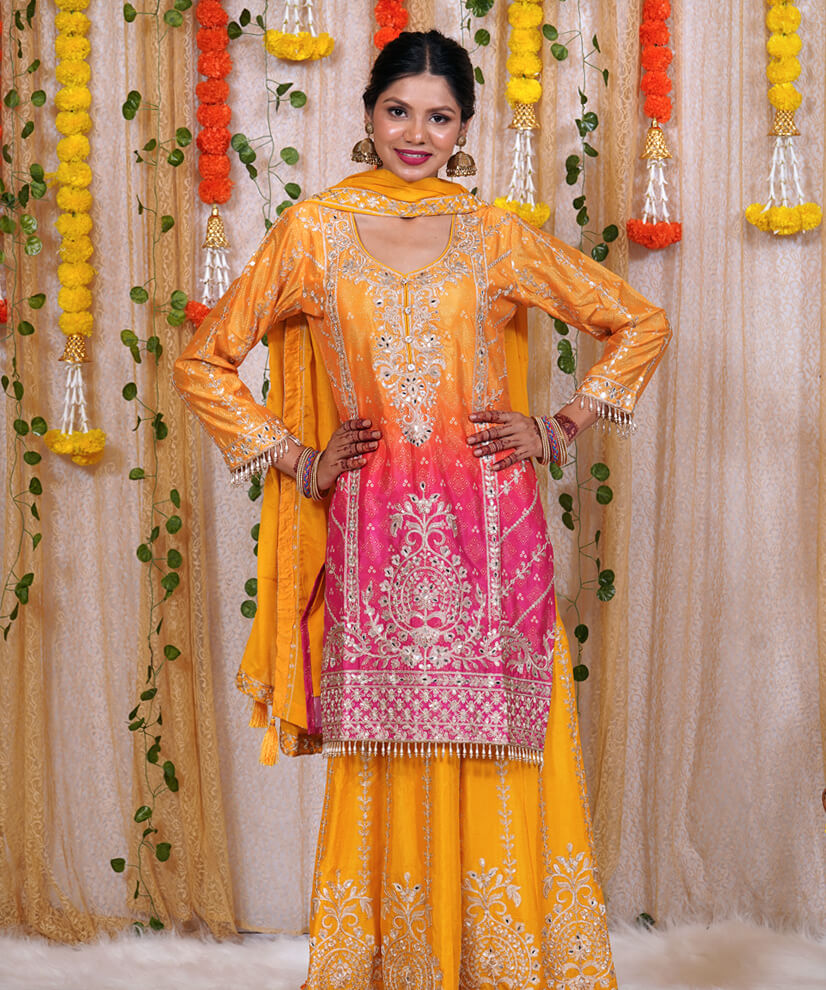 Sunshine Splendor: Yellow Kurta Set with Multicolored Embroidered Skirt & Dupatta - Image 4
