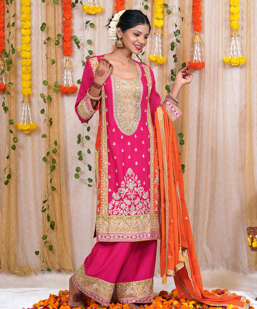 Fuchsia Pink Chinon Embroidered Sharara Set with Orange Dupatta