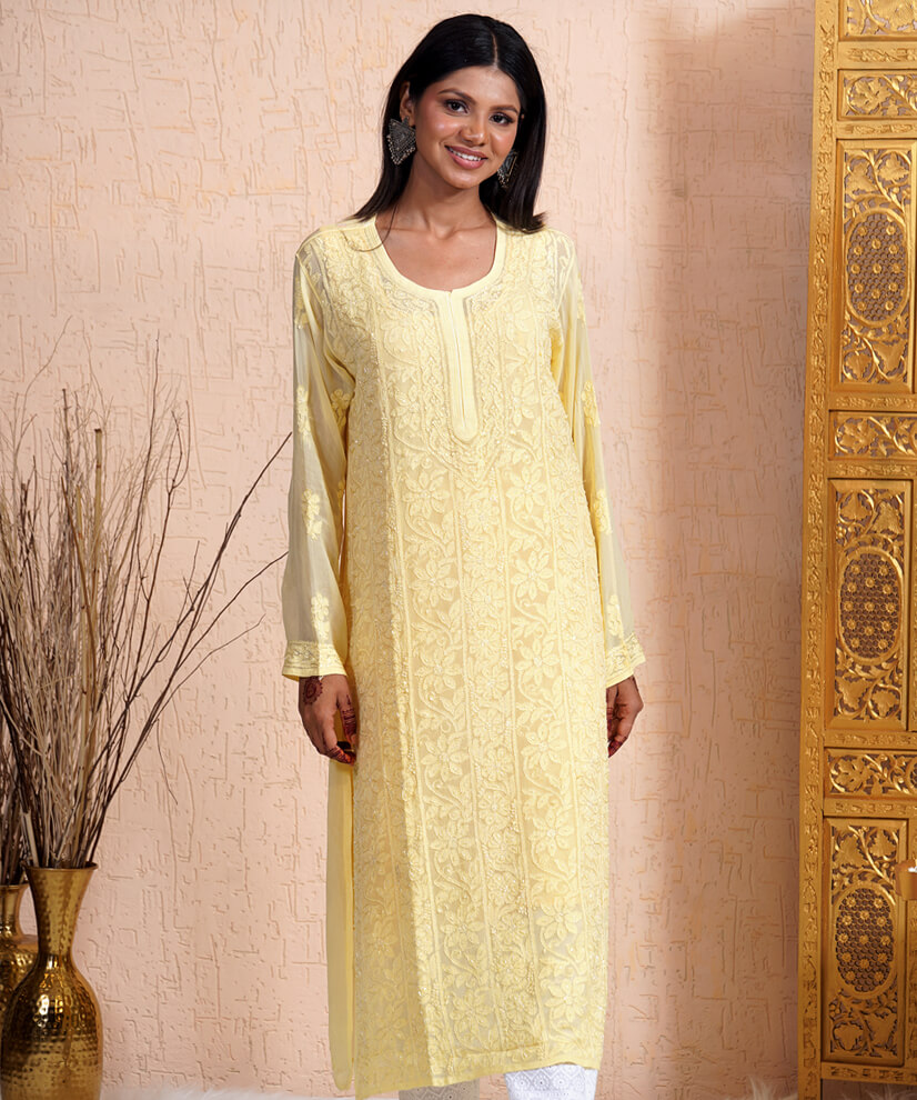 Sun-Kissed Yellow Hand-Embroidered Chikankari Kurti - Image 2