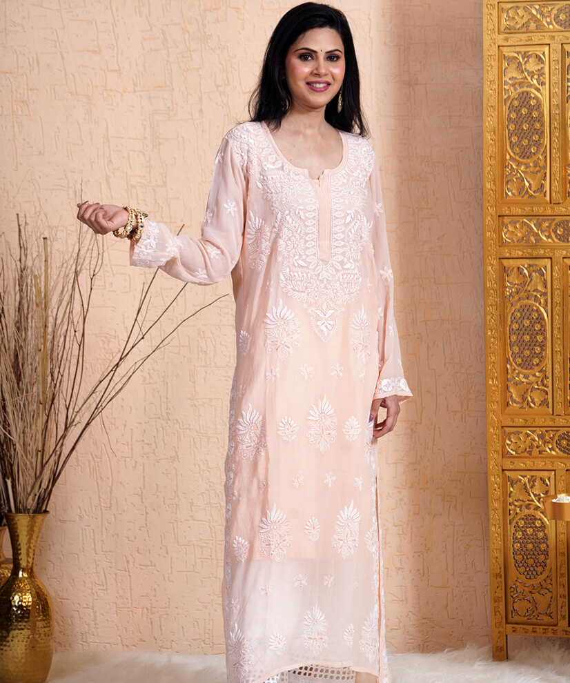 Blush Peach Georgette Chikankari Kurti with Katdana Accents - Image 2