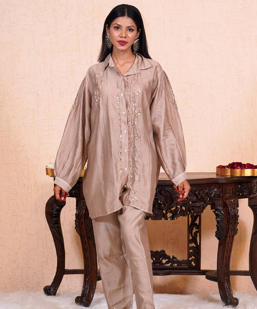 Mocha Gold Chanderi Pitta Work Co-ord Set – Understated Luxury - Image 2