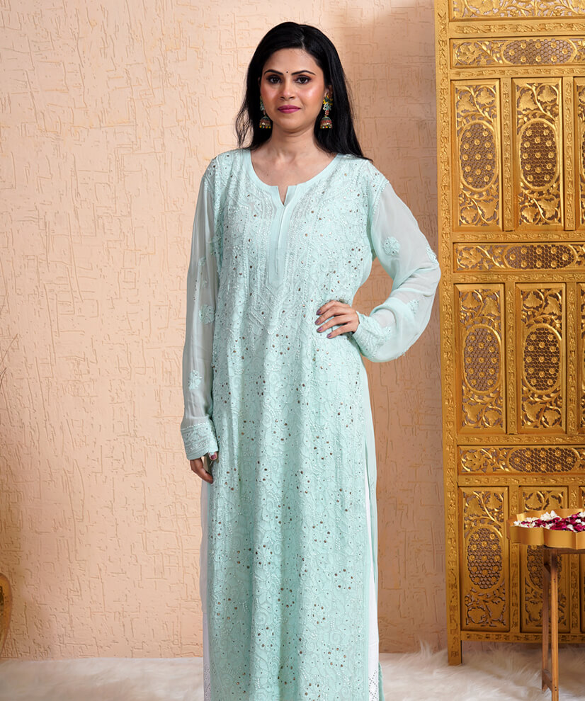 Icy Blue Hand-Embroidered Chikankari Kurti with Mukesh Work - Image 2
