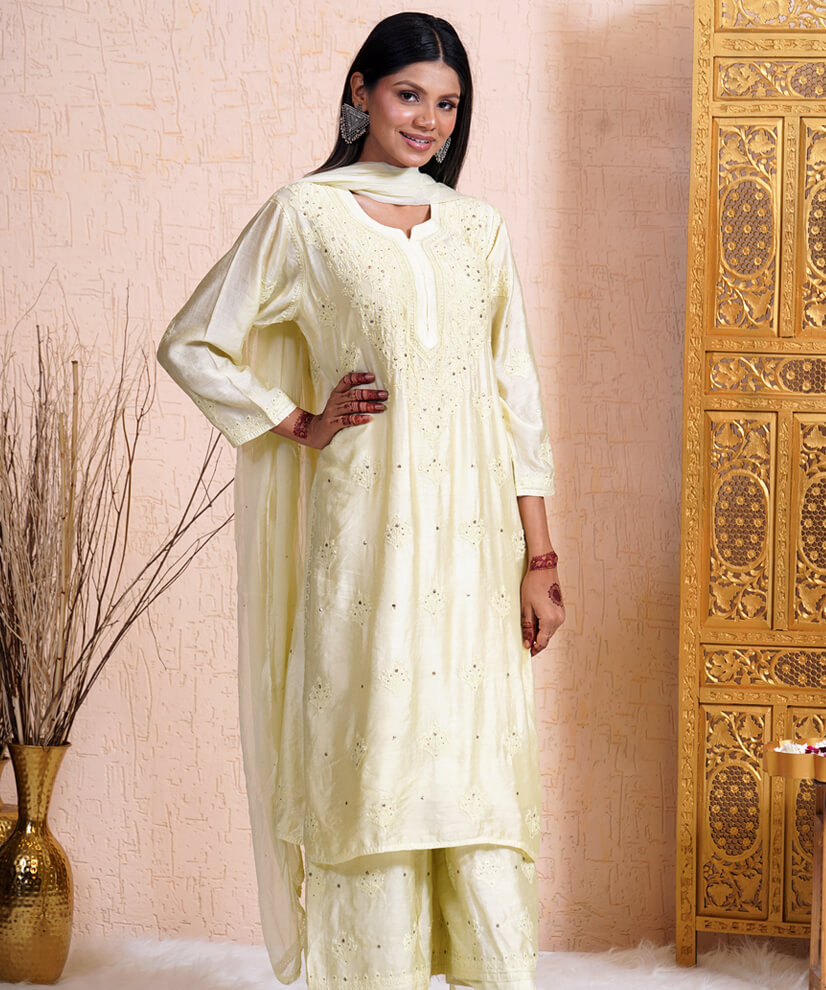 Lime Green Mulmul Chikankari Kurta Set with Mukesh Work – Ethereal Elegance