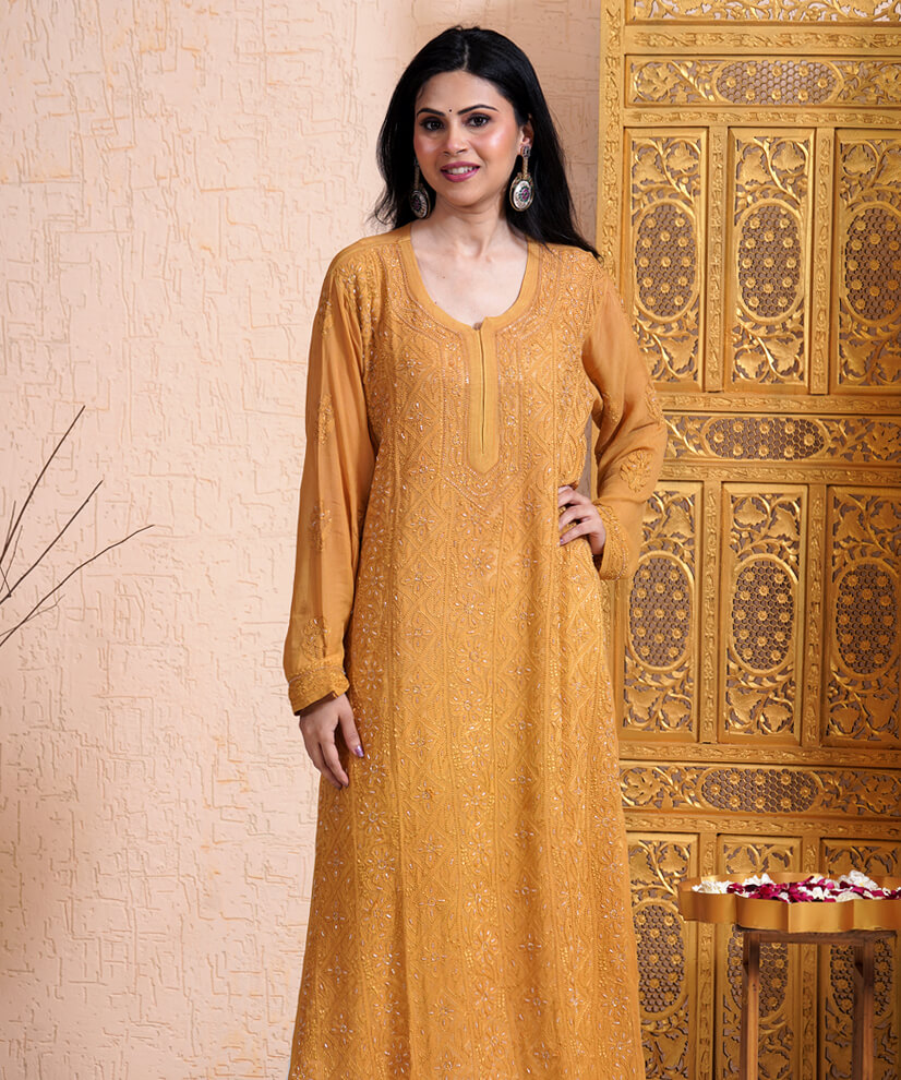 Amber Gold Georgette Chikankari Kurti – Radiant & Regal - Image 2