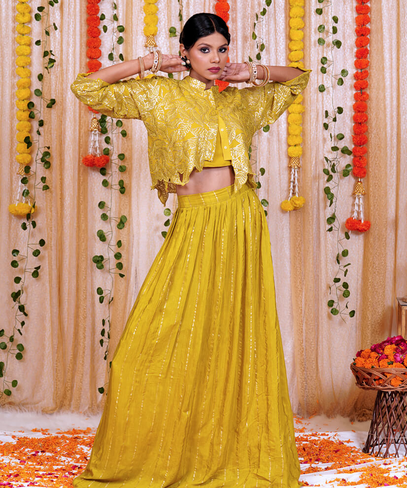 Lime Green Chinon Crop Top & Skirt Set with Embroidered Jacket - Image 2