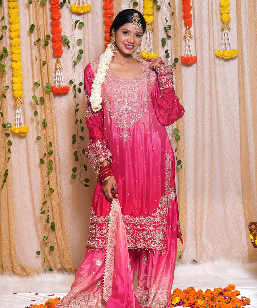 Regal Pink Omre Bridal Sharara Set – Embroidered Georgette with Pearl Accents - Image 2