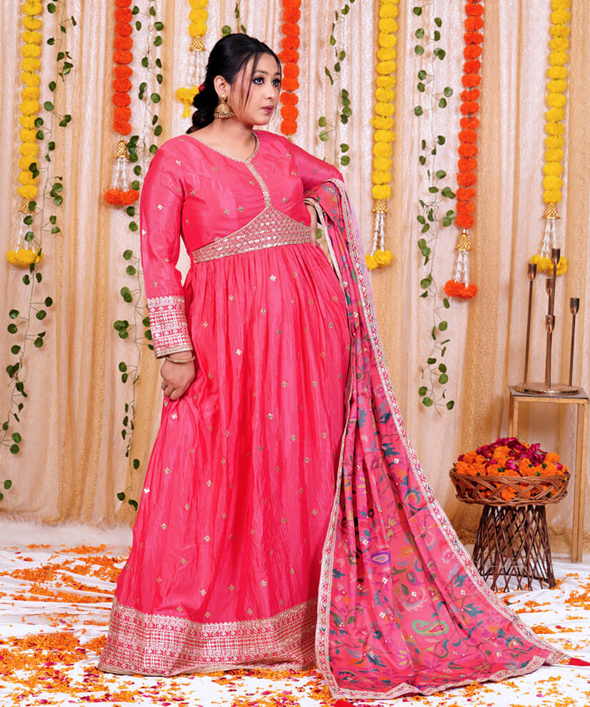 Coral Pink Chinon Silk Anarkali Set with Embroidered Hem & Floral Dupatta - Image 2