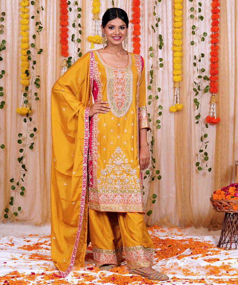 Mustard Yellow Embroidered Sharara Set with Pink Contrast Dupatta - Image 2