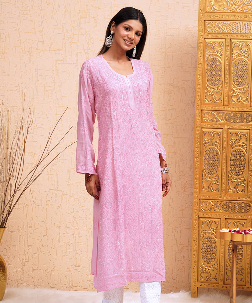 Rosewood Pink Hand-Embroidered Chikankari Georgette Kurti - Image 2