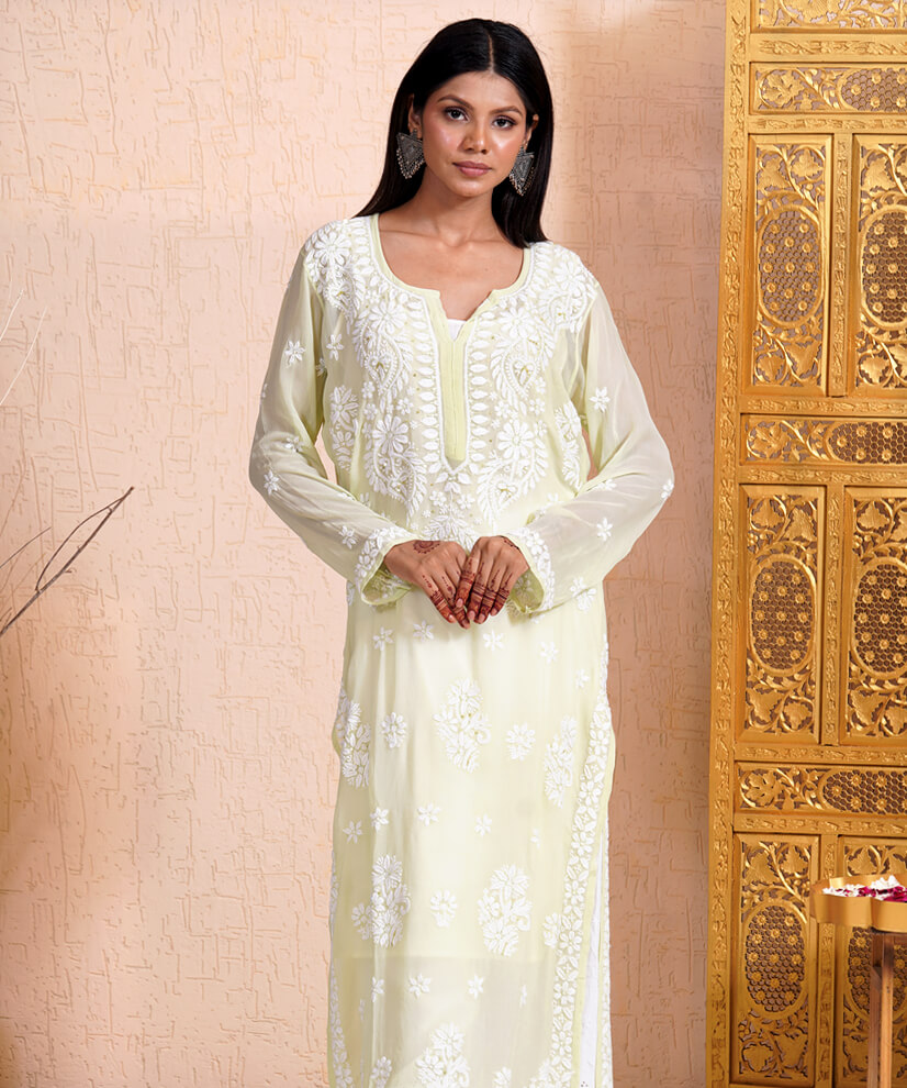 Pastel Pistachio Green Chikankari Kurti with Katdana Embroidery - Image 2