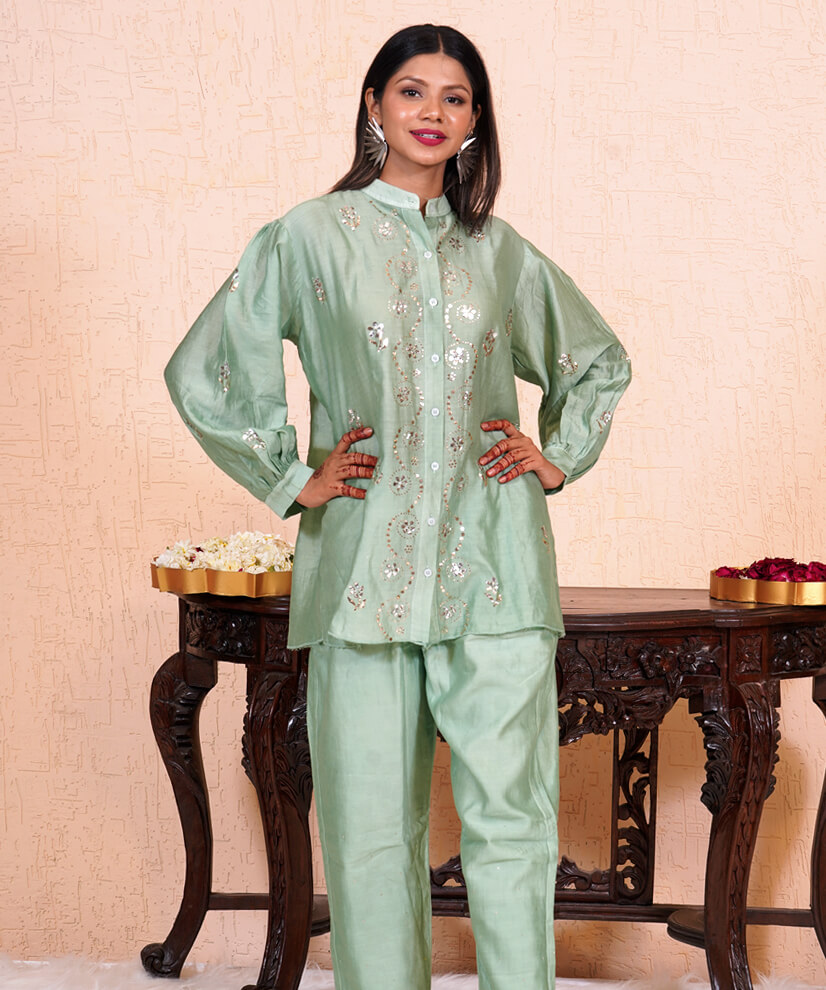 Sage Green Chanderi Pitta Work Co-ord Set – Subtle Opulence