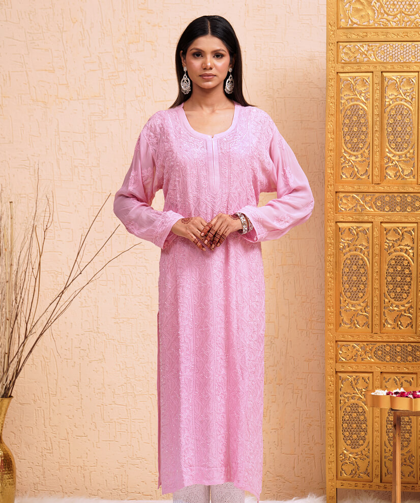 Rosewood Pink Hand-Embroidered Chikankari Georgette Kurti