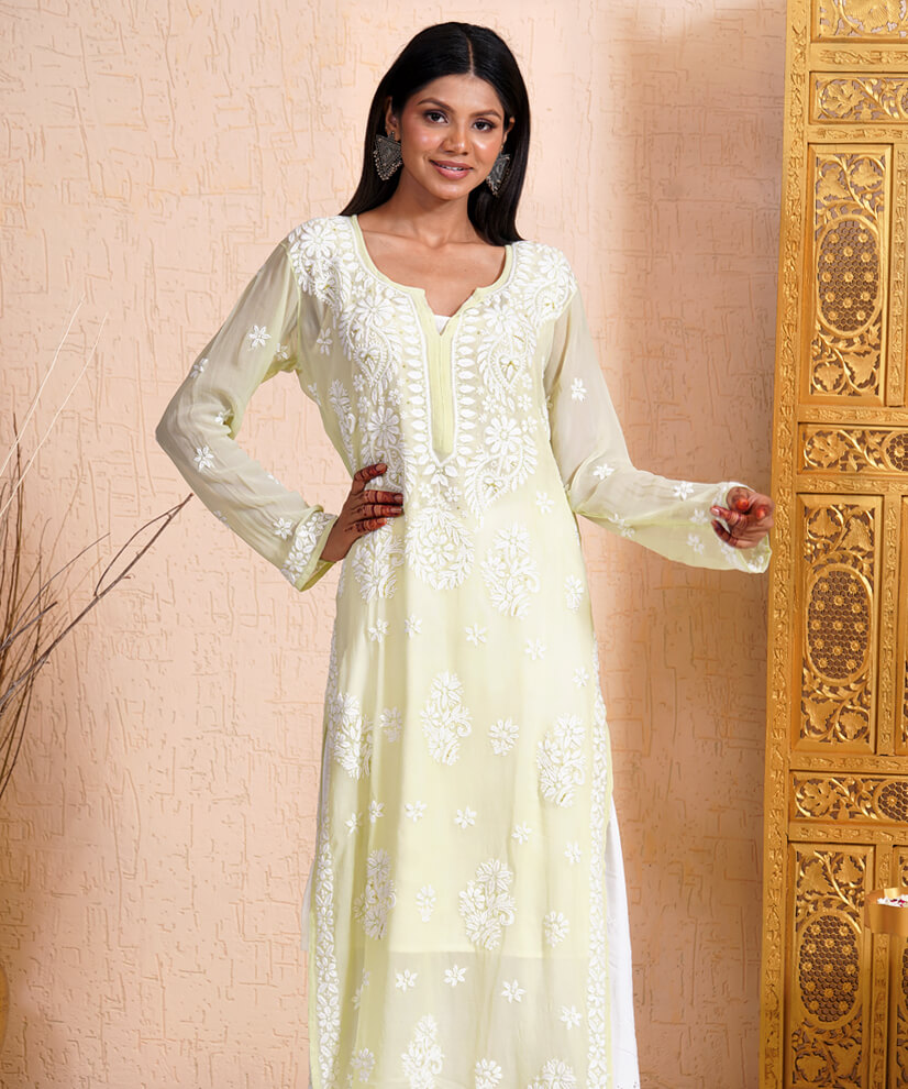 Pastel Pistachio Green Chikankari Kurti with Katdana Embroidery