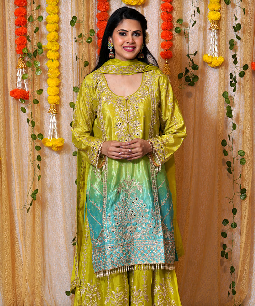 Lime Teal Ombre Chinon Silk Sharara Set with Embroidery