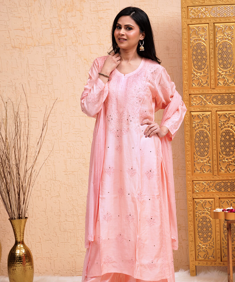 Blush Peach Hand-Embroidered Chikankari Kurta Set with Mukesh Work