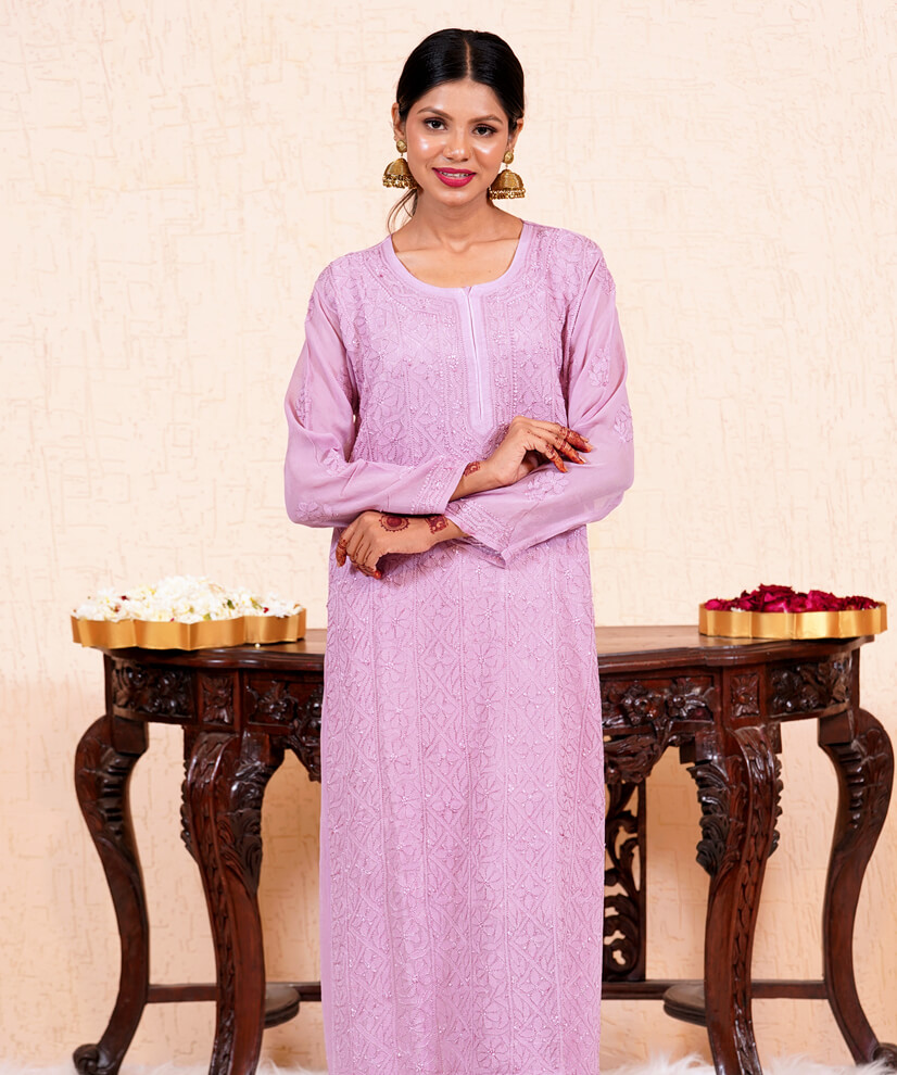 Soft Lavender Georgette Chikankari Kurti - Image 3
