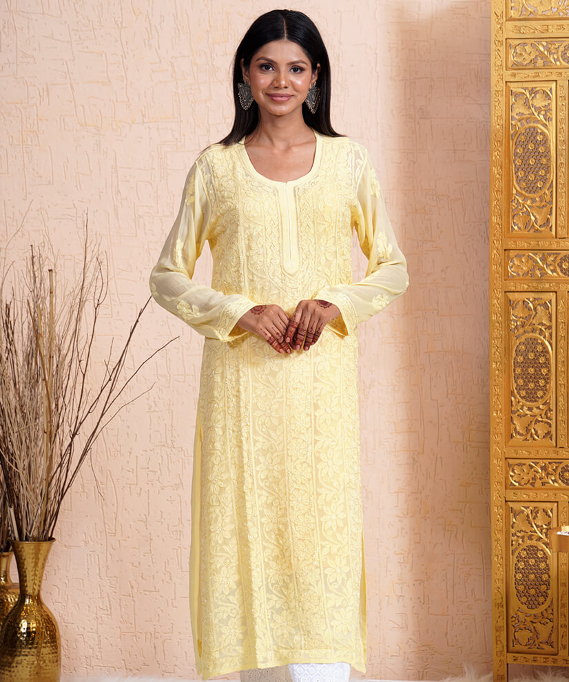 Sun-Kissed Yellow Hand-Embroidered Chikankari Kurti - Image 4