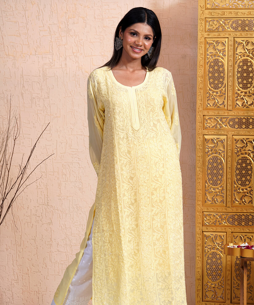 Sun-Kissed Yellow Hand-Embroidered Chikankari Kurti