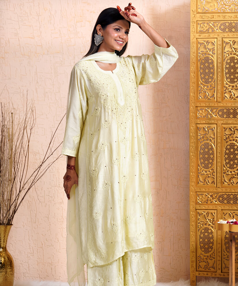 Lime Green Mulmul Chikankari Kurta Set with Mukesh Work – Ethereal Elegance - Image 2