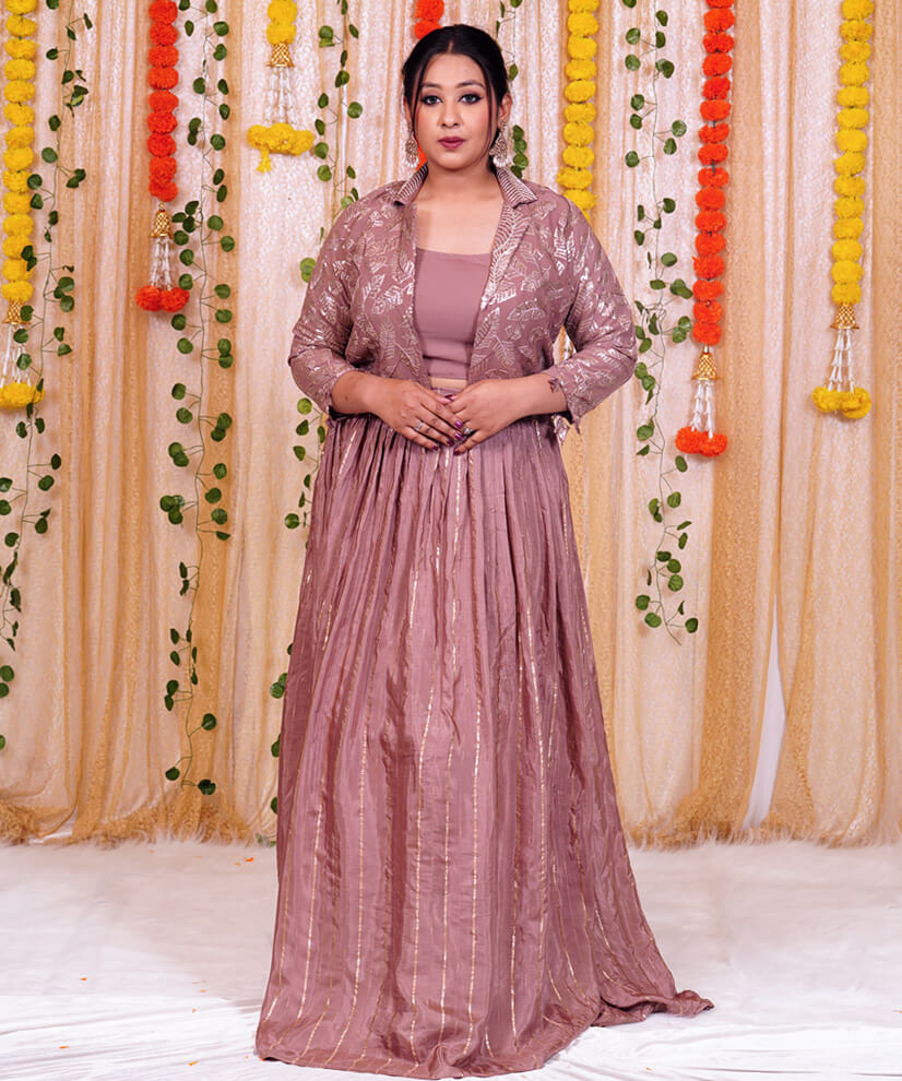 Beige Moondust Three-Piece Fusion Set with Embroidered Jacket