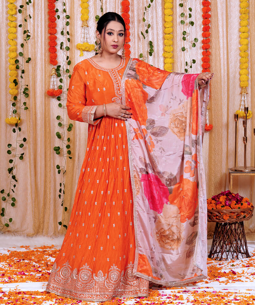 Radiant Tangerine Chinon Silk Anarkali Set with Floral Dupatta