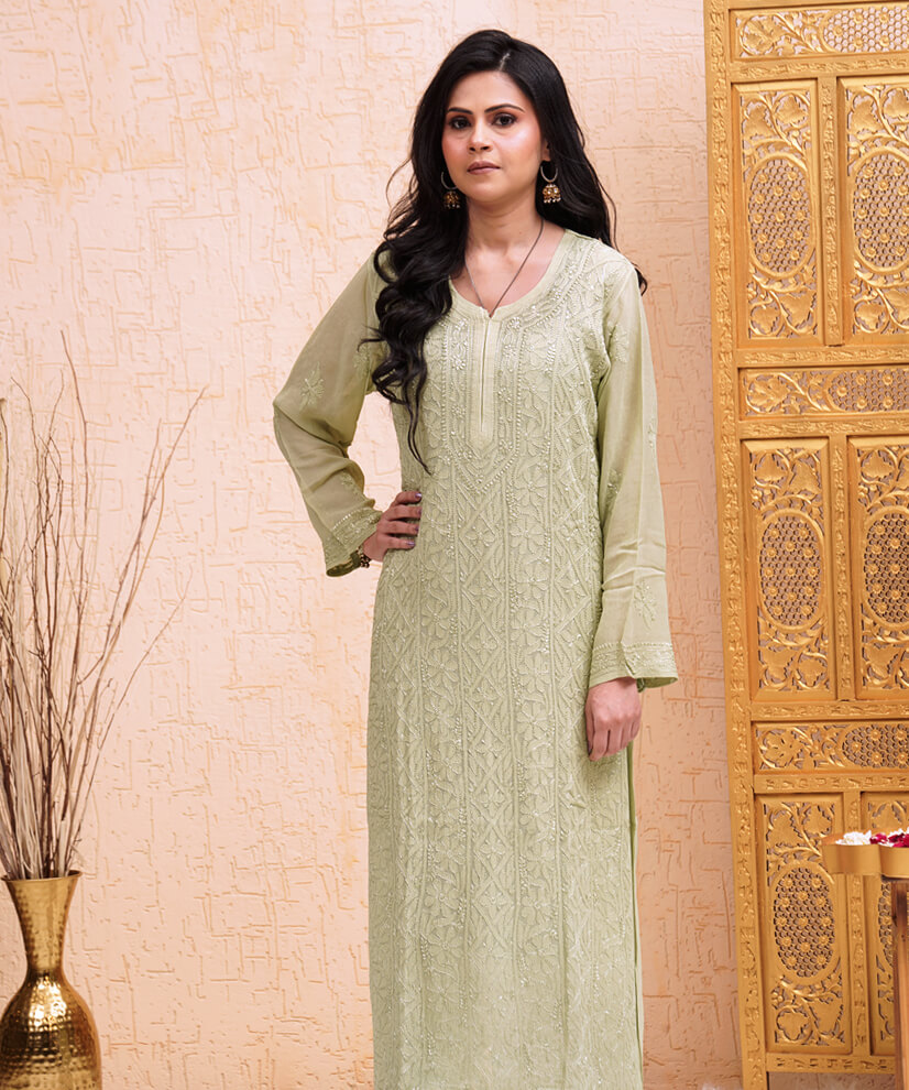 Pistachio Green Georgette Chikankari Kurti – A Timeless Embroidered Classic