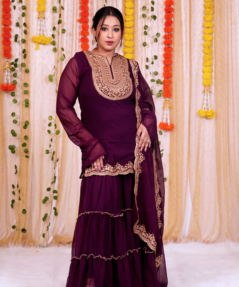 Royal Plum Chinon Sharara Set with Gold Embroidery