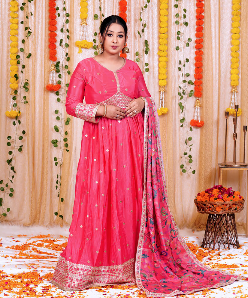 Coral Pink Chinon Silk Anarkali Set with Embroidered Hem & Floral Dupatta