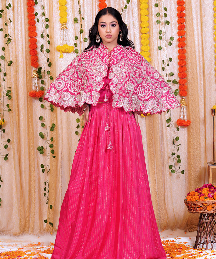 Hot Pink Embroidered Chinon Crop Top & Skirt Set with Cape Jacket