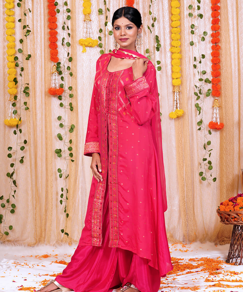 Rani Pink Georgette Embellished Kurta Set with Pants & Dupatta - Image 2