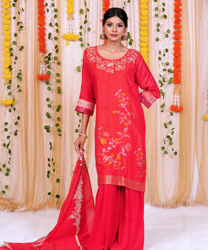 Scarlet Red Sharara Set with Embroidered Dupatta