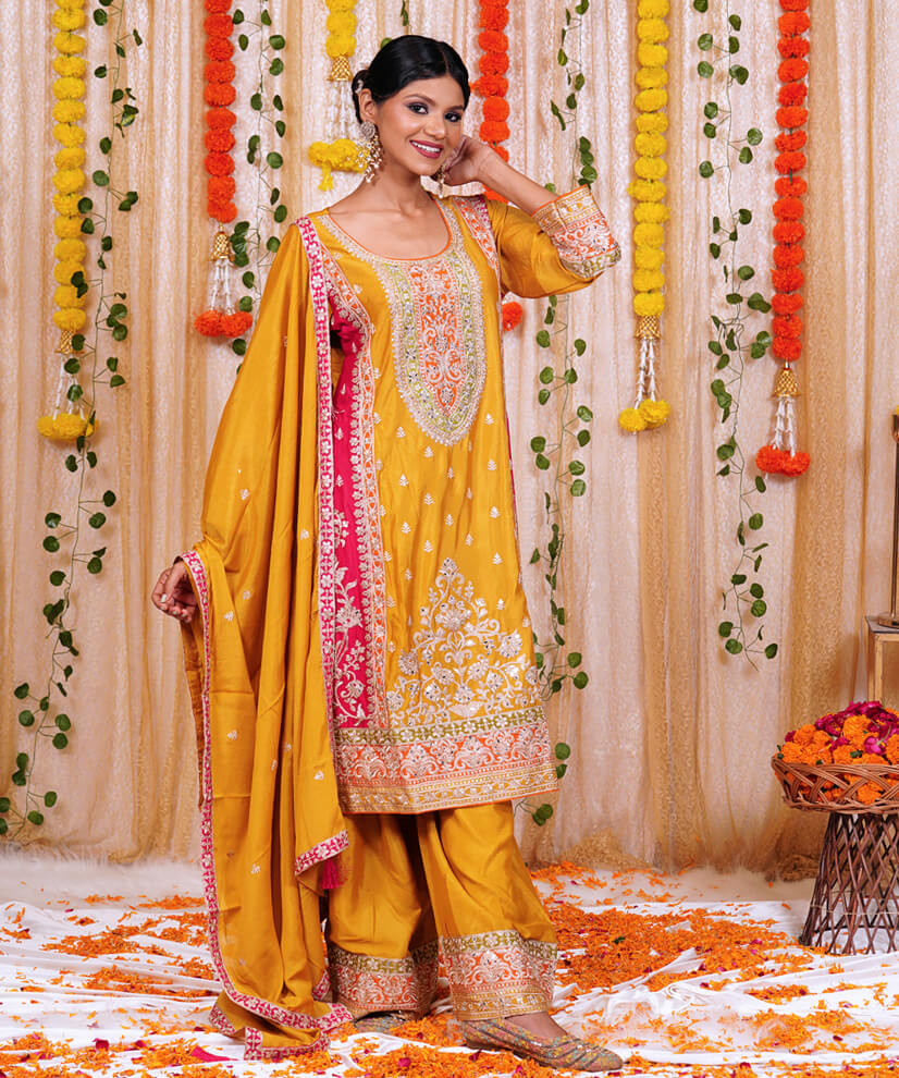Mustard Yellow Embroidered Sharara Set with Pink Contrast Dupatta