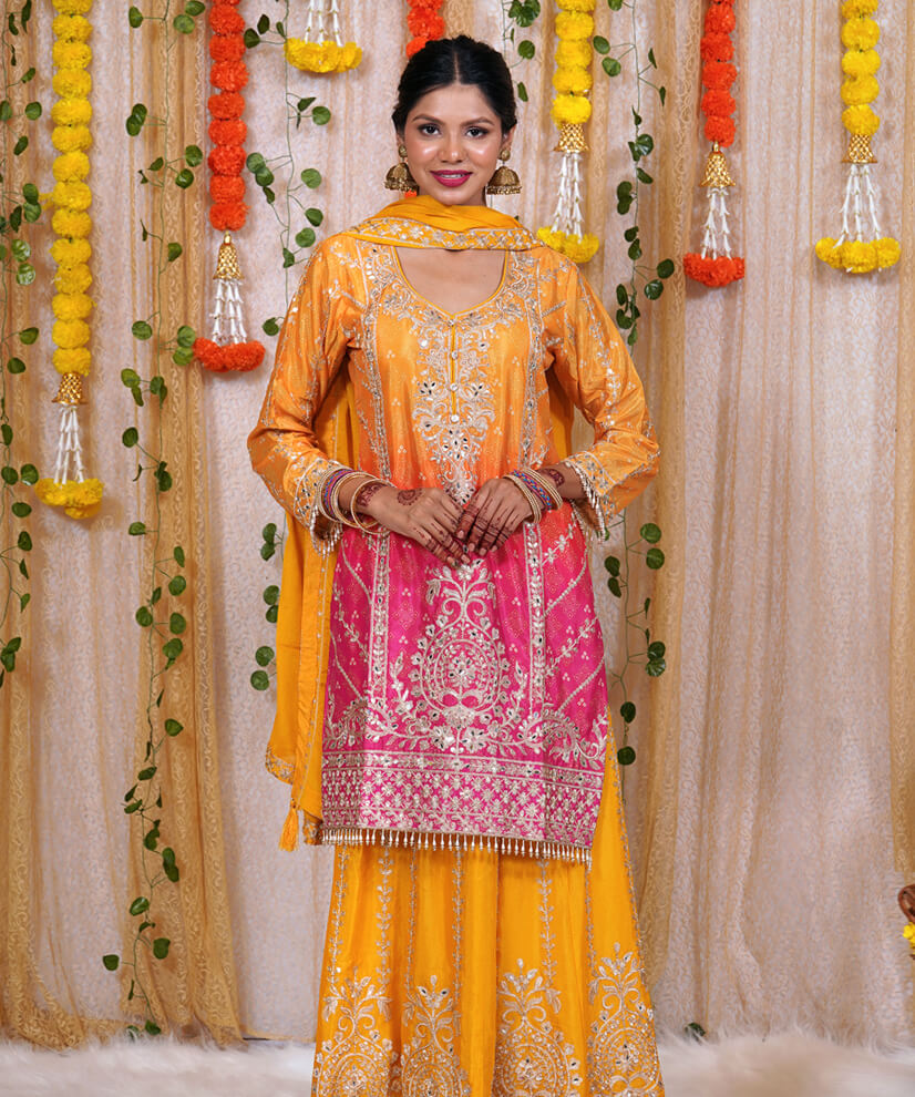Sunshine Splendor: Yellow Kurta Set with Multicolored Embroidered Skirt & Dupatta
