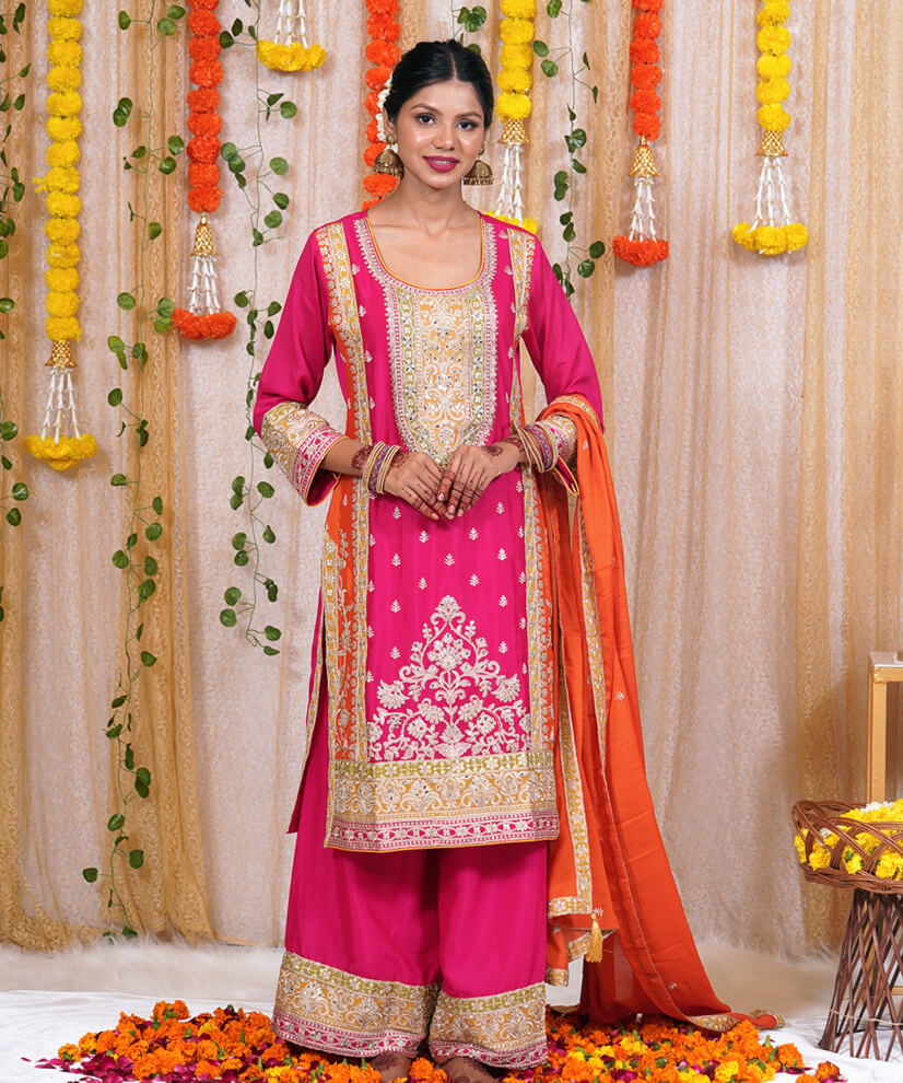 Fuchsia Pink Chinon Embroidered Sharara Set with Orange Dupatta - Image 2