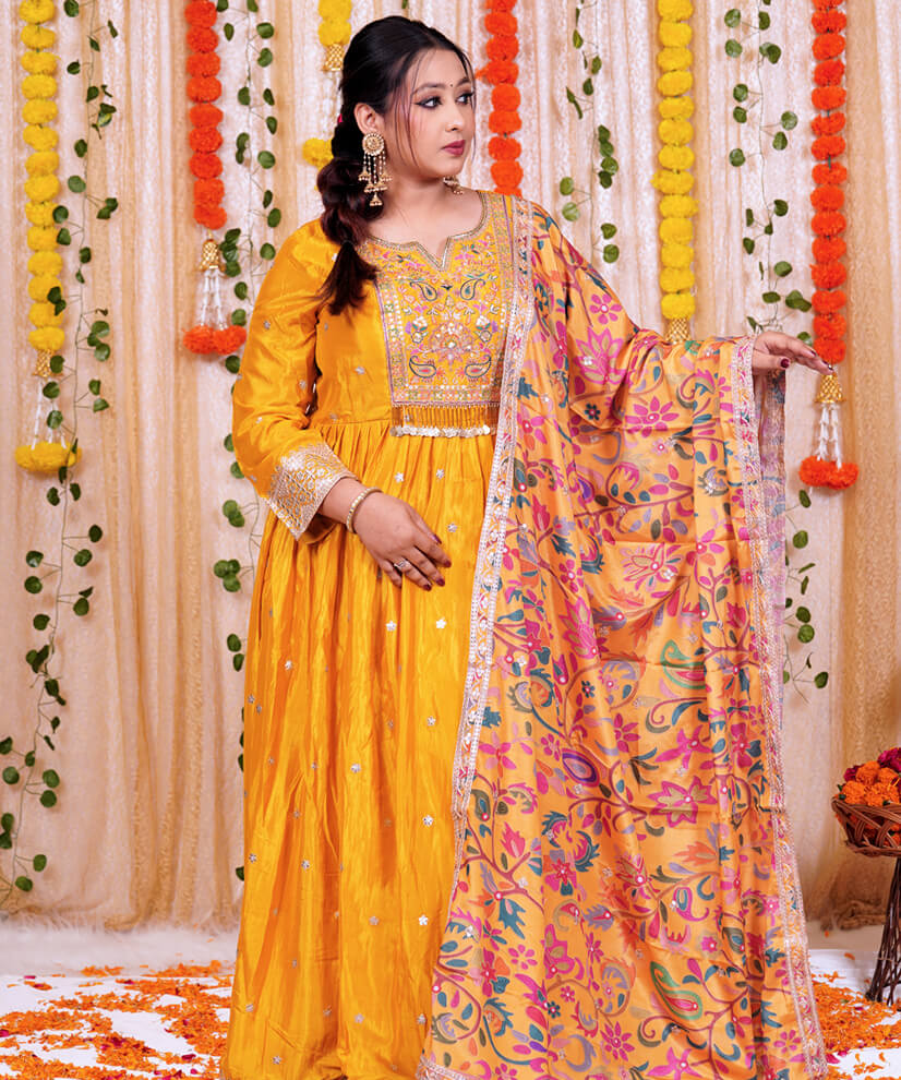 Marigold Yellow Embroidered Anarkali with Vibrant Floral Dupatta