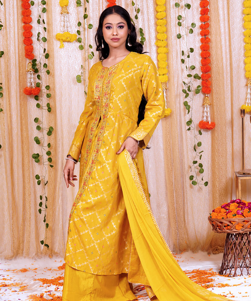 Turmeric Yellow Kurta Sharara Set with Embroidered Dupatta - Image 2