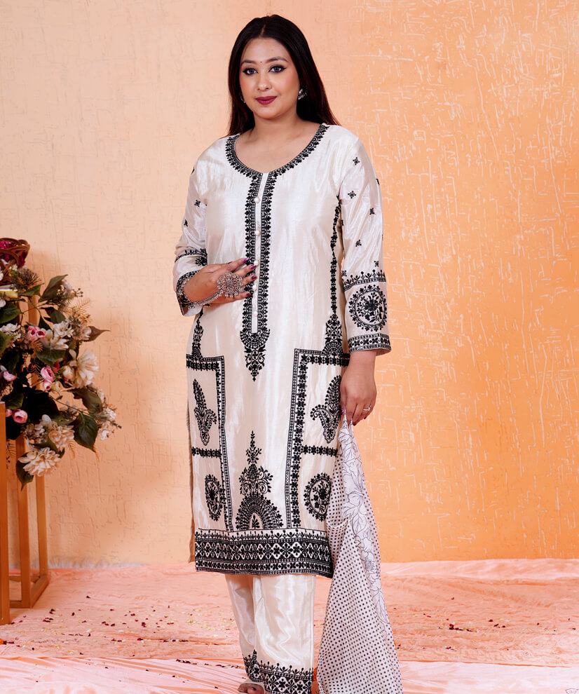 Ivory Black Embroidered Kurta Set with Polka Dot Dupatta