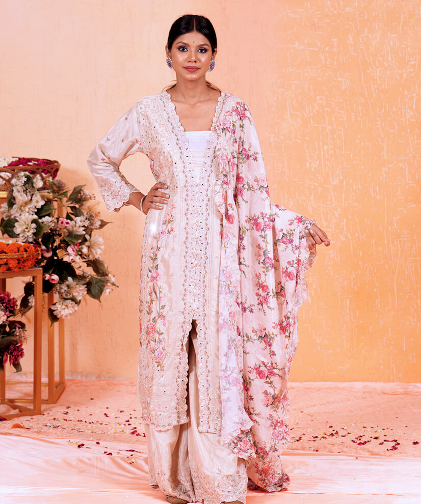 Blush Beige Embroidered Kurta Set with Floral Printed Dupatta