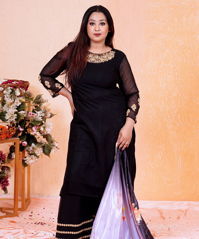 Black Embroidered Kurta Set with Lavender Shaded Floral Dupatta