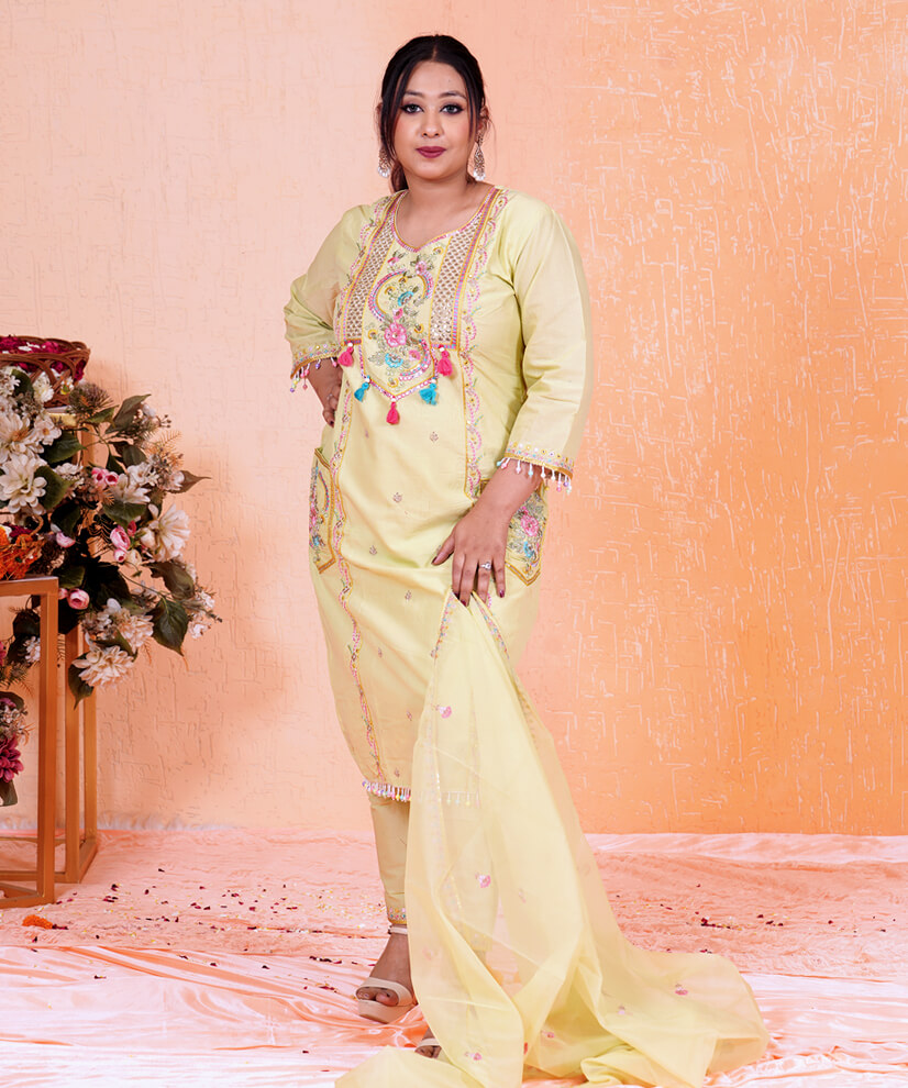 Pastel Lime Green Kurta Set with Mirror Work & Embroidered Pocket