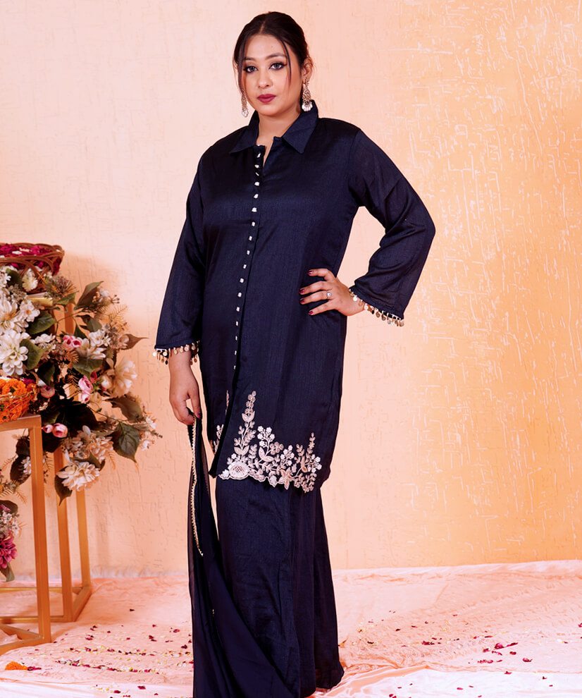 Midnight Blue Embroidered Kurta Set with Sharara & Dupatta - Image 2