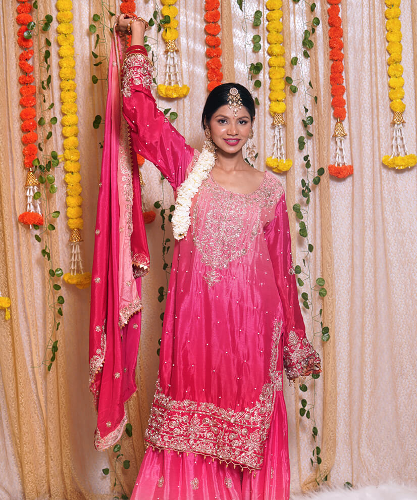 Regal Pink Omre Bridal Sharara Set – Embroidered Georgette with Pearl Accents