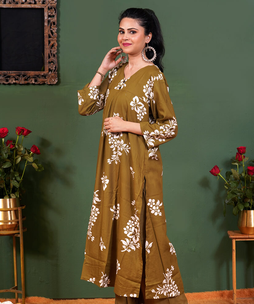 Olive Bloom Floral Printed Co-ord Set in Rayon