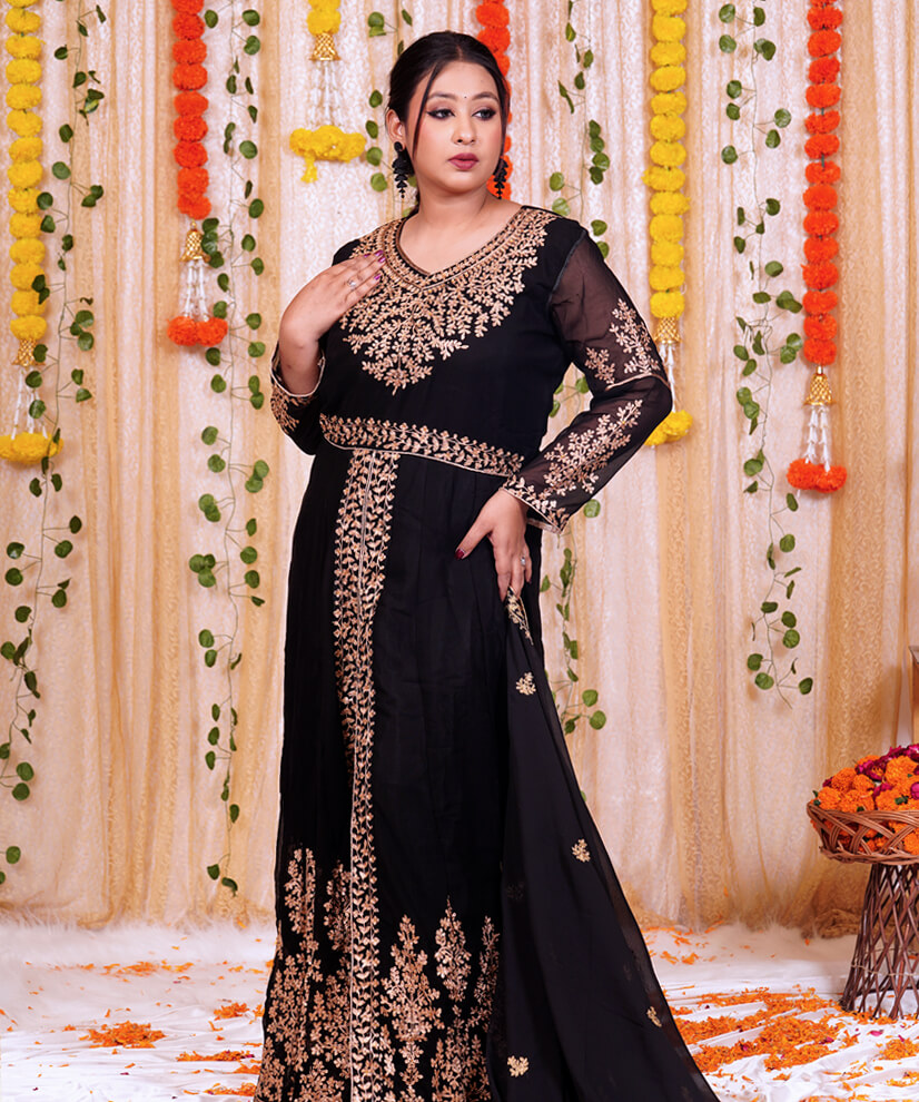 Black Georgette Anarkali Gown with Intricate Golden Embroidery - Image 2
