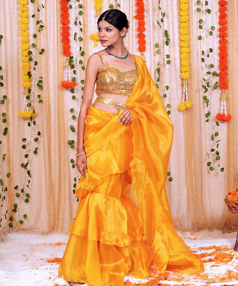 Marigold Yellow Pre-Draped Organza Ruffle Saree with Sequinned Blouse & Belt - Image 2